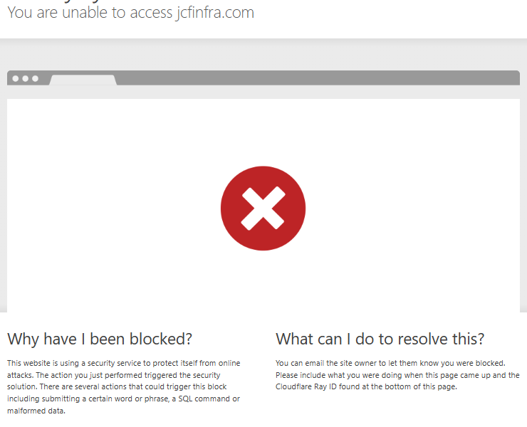 Cloudflare block page stating that access to jcfinfra.com is blocked.