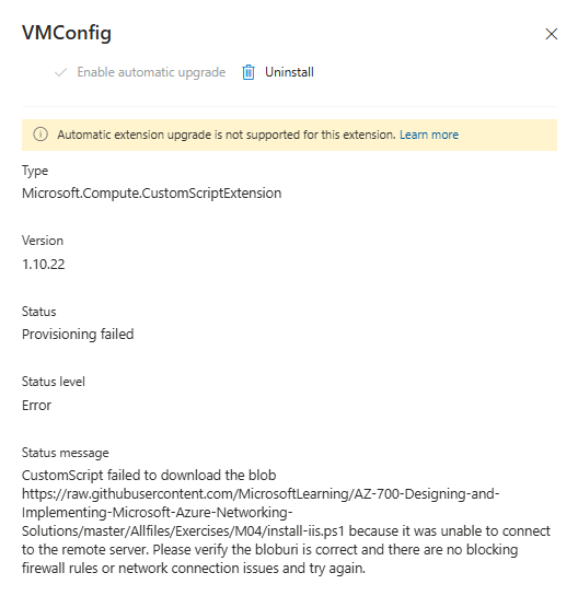 E02 · VMConfig failed to download install-iis.ps1 from GitHub. Subscription identifier excluded.