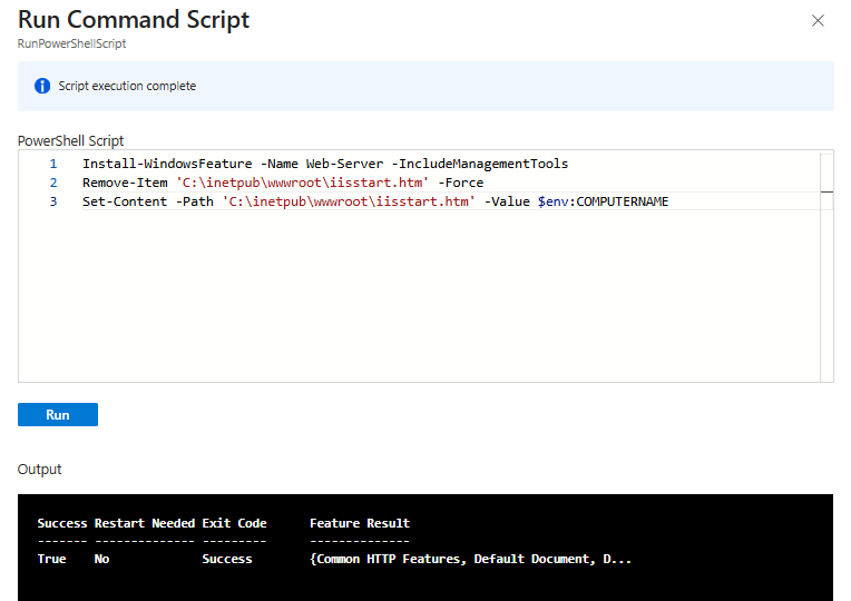 E03 · IIS installation and VM-name page; myVM1 output shows Success True.