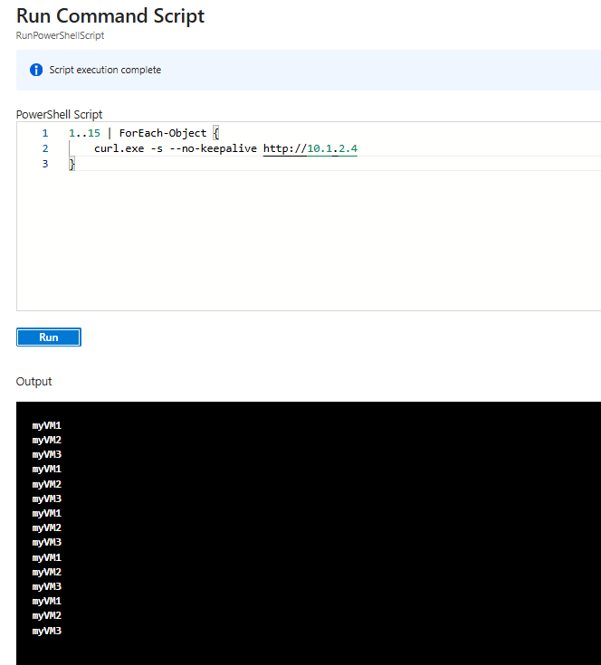 E05 · Private-VIP test: fifteen invocations and responses from myVM1, myVM2 and myVM3.